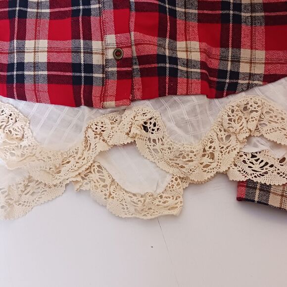 Jodifl Womens Small Red White Y2K Lace Trim Long Sleeve Plaid Button Up Shirt - Picture 9 of 9